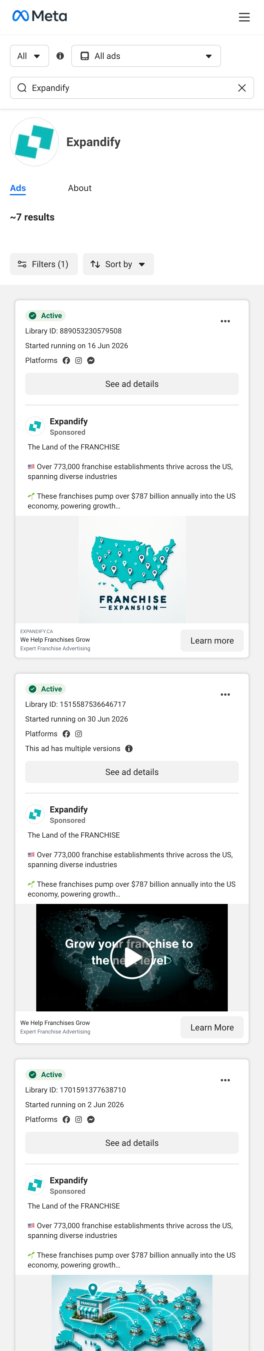 Expandify Meta ad library feed